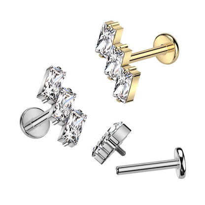 Internally Threaded Triple Slanted CZ Crystal Baguette Top Flat Back Stud - F136 Implant Grade Titanium