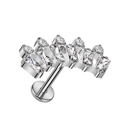 Internally Threaded Baguette and Round CZ Crystal Fan Top Flat Back Stud - F136 Implant Grade Titanium