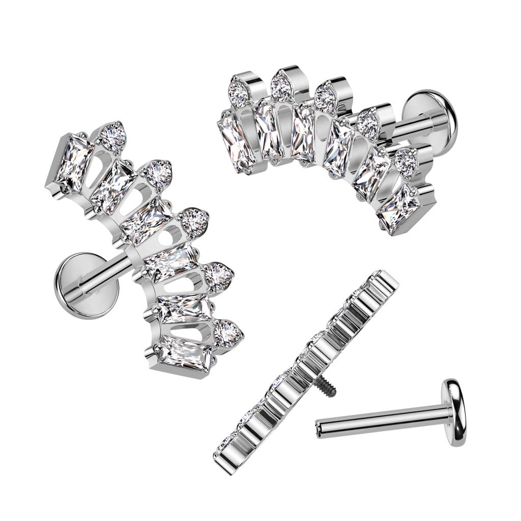 Internally Threaded Baguette and Round CZ Crystal Fan Top Flat Back Stud - F136 Implant Grade Titanium