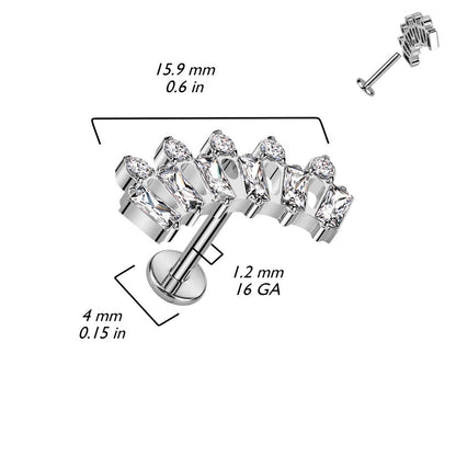 Internally Threaded Baguette and Round CZ Crystal Fan Top Flat Back Stud - F136 Implant Grade Titanium