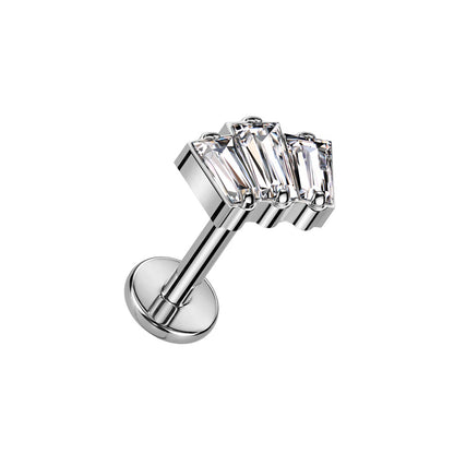 Internally Threaded Triple Gem Baguette Top Flat Back Stud - F136 Implant Grade Titanium