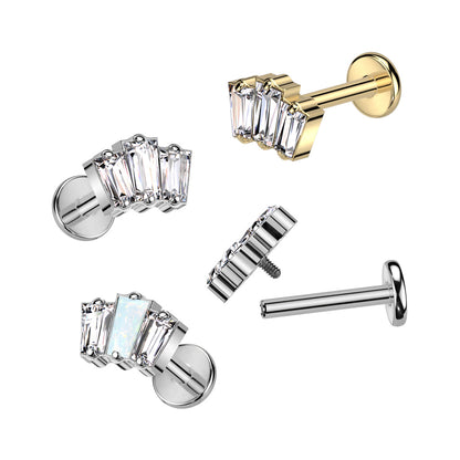 Internally Threaded Triple Gem Baguette Top Flat Back Stud - F136 Implant Grade Titanium