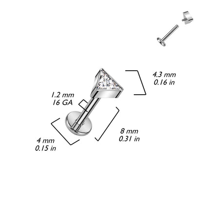 Internally Threaded CZ Crystal Triangle Top Flat Back Stud - F136 Implant Grade Titanium