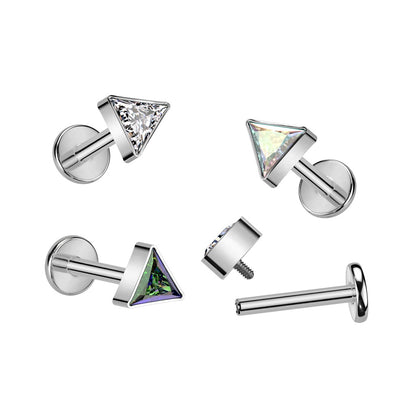 Internally Threaded CZ Crystal Triangle Top Flat Back Stud - F136 Implant Grade Titanium