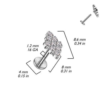 Internally Threaded CZ Crystal Diamond Shaped Top Flat Back Stud - F136 Implant Grade Titanium