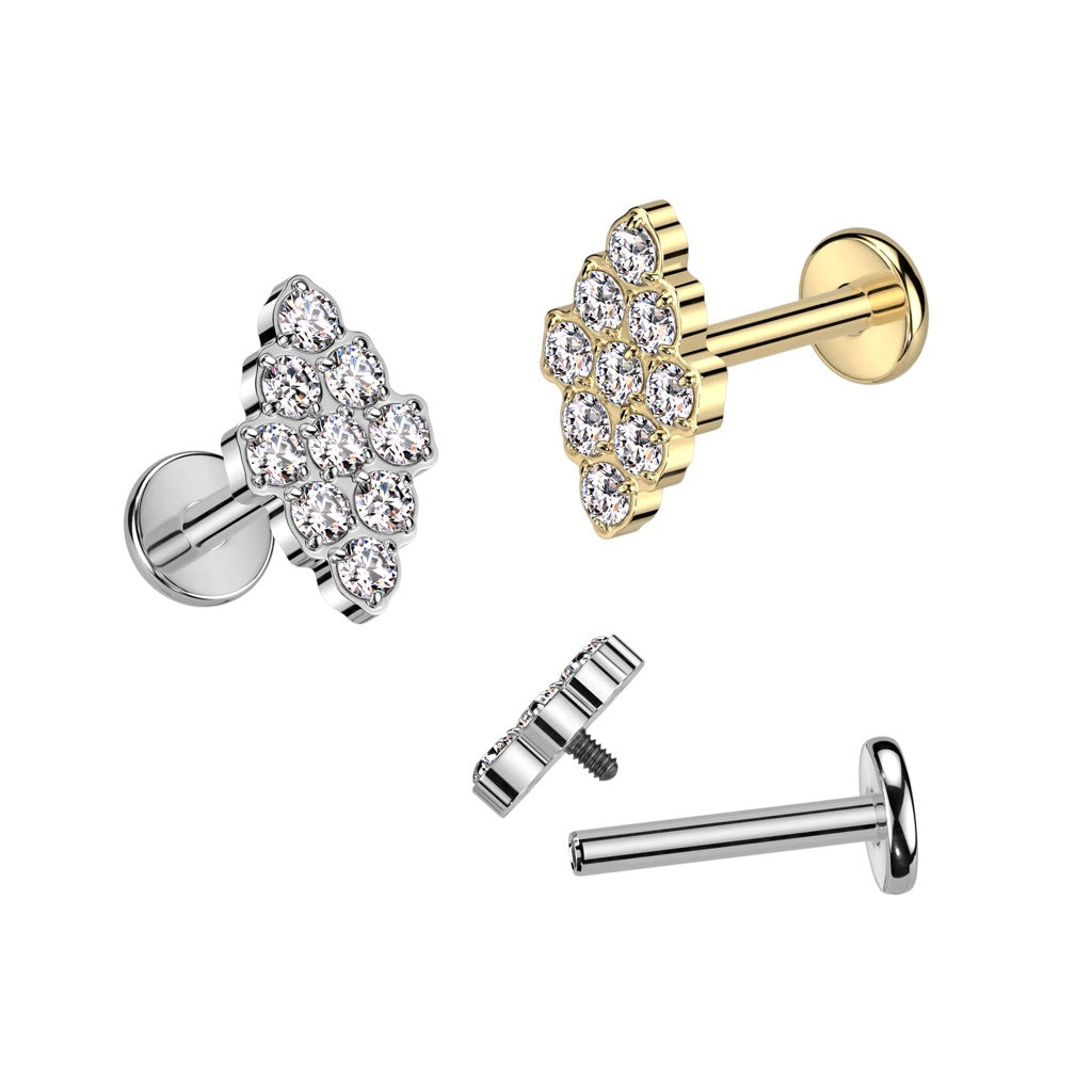 Internally Threaded CZ Crystal Diamond Shaped Top Flat Back Stud - F136 Implant Grade Titanium