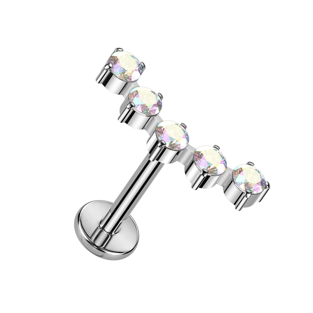 Internally Threaded Five CZ Crystal Curved Top Flat Back Stud - F136 Implant Grade Titanium