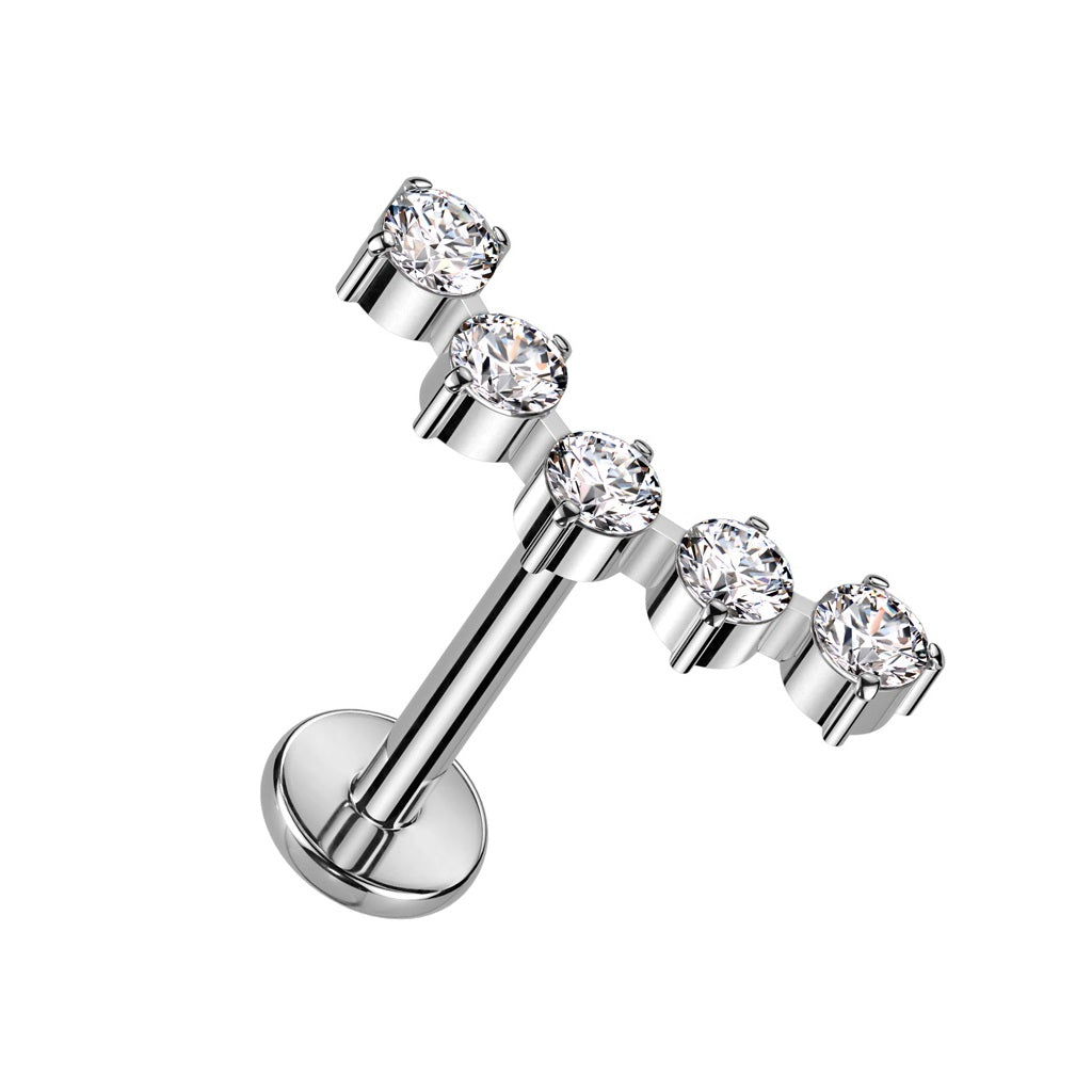 Internally Threaded Five CZ Crystal Curved Top Flat Back Stud - F136 Implant Grade Titanium