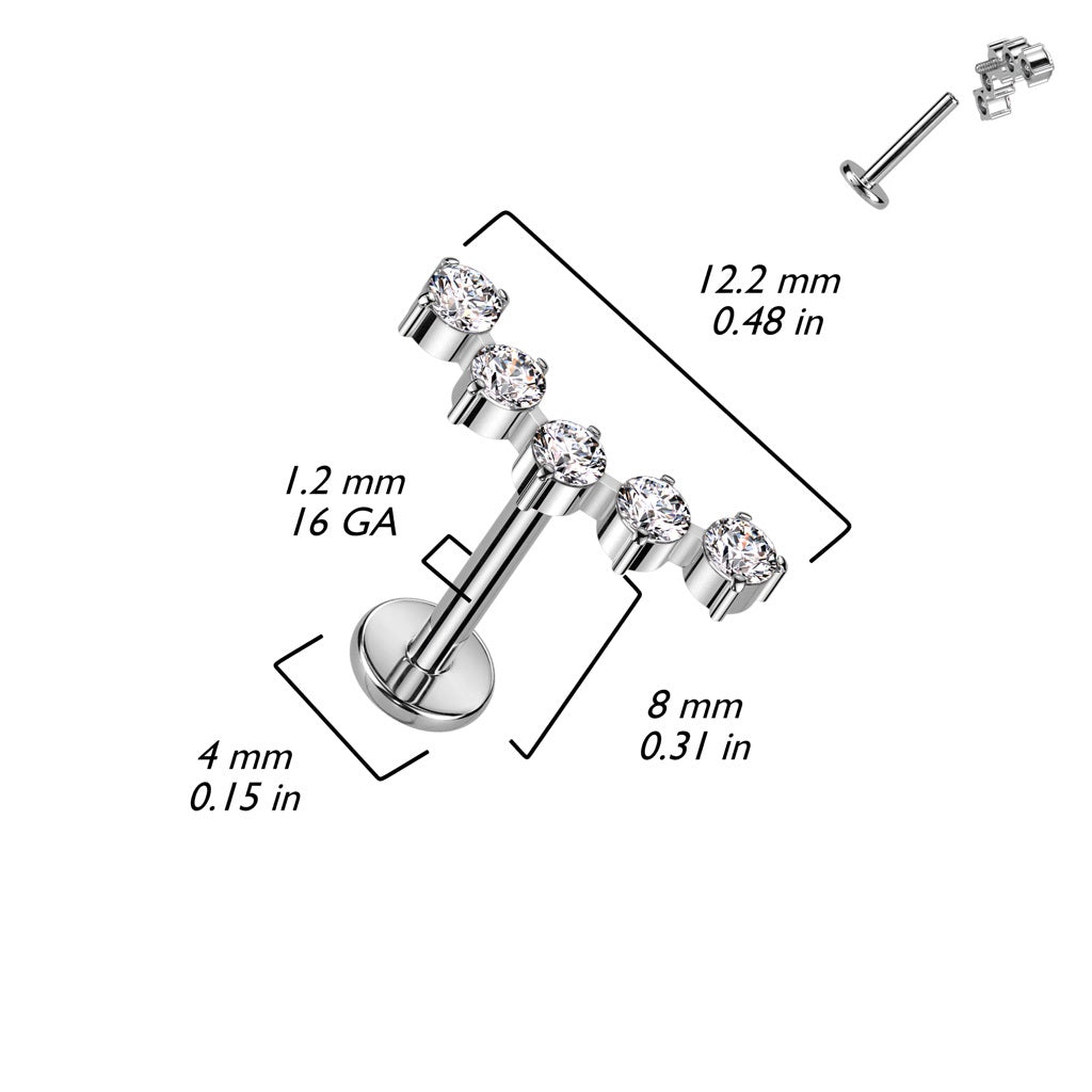 Internally Threaded Five CZ Crystal Curved Top Flat Back Stud - F136 Implant Grade Titanium