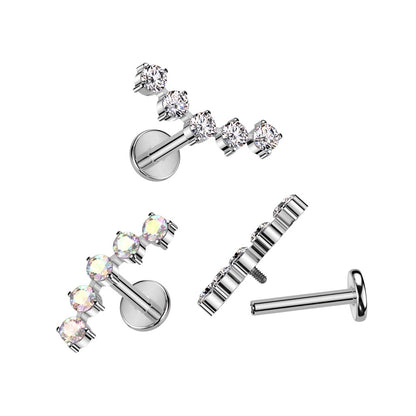 Internally Threaded Five CZ Crystal Curved Top Flat Back Stud - F136 Implant Grade Titanium