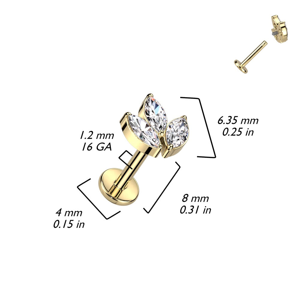 Internally Threaded CZ Crystal Marquise Top Flat Back Stud - F136 Implant Grade Titanium