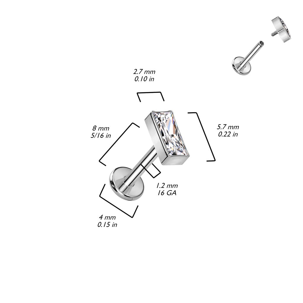 Internally Threaded Rectangular CZ Crystal Top Flat Back Labret Stud - F136 Implant Grade Titanium