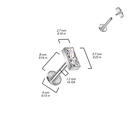 Internally Threaded Rectangular CZ Crystal Top Flat Back Labret Stud - F136 Implant Grade Titanium