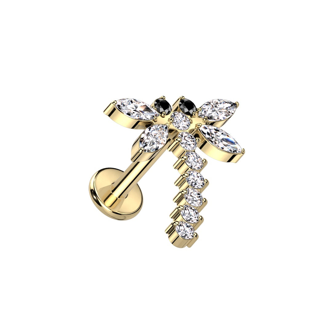 Internally Threaded CZ Crystal Dragonfly Labret Stud - F136 Implant Grade Titanium