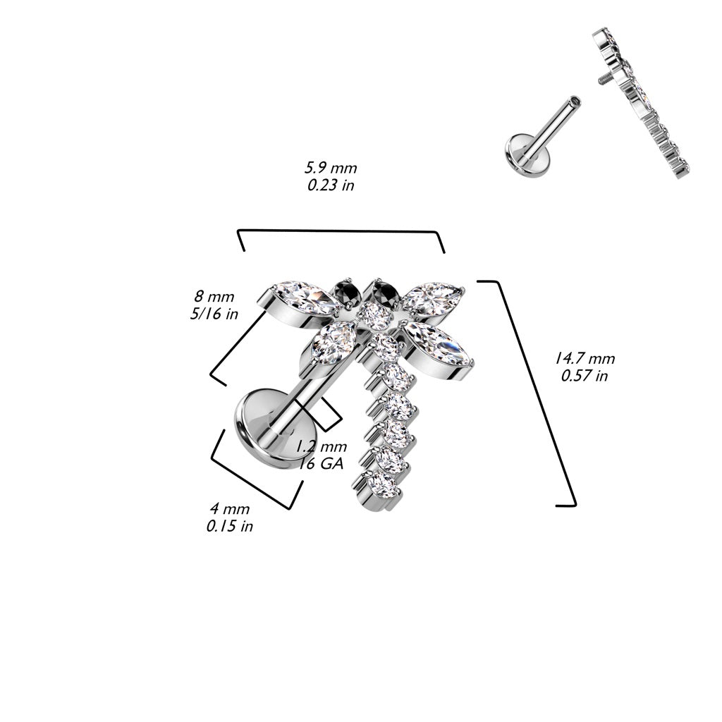 Internally Threaded CZ Crystal Dragonfly Labret Stud - F136 Implant Grade Titanium