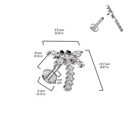 Internally Threaded CZ Crystal Dragonfly Labret Stud - F136 Implant Grade Titanium