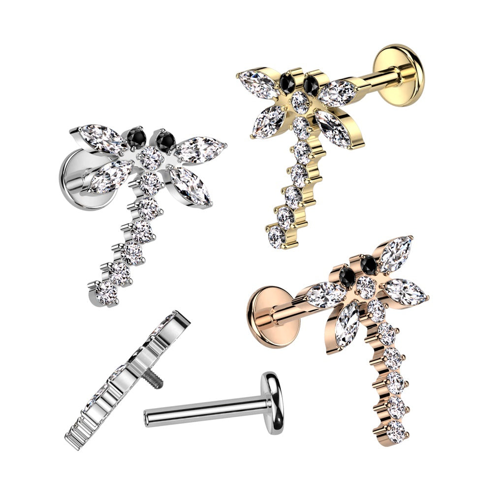 Internally Threaded CZ Crystal Dragonfly Labret Stud - F136 Implant Grade Titanium