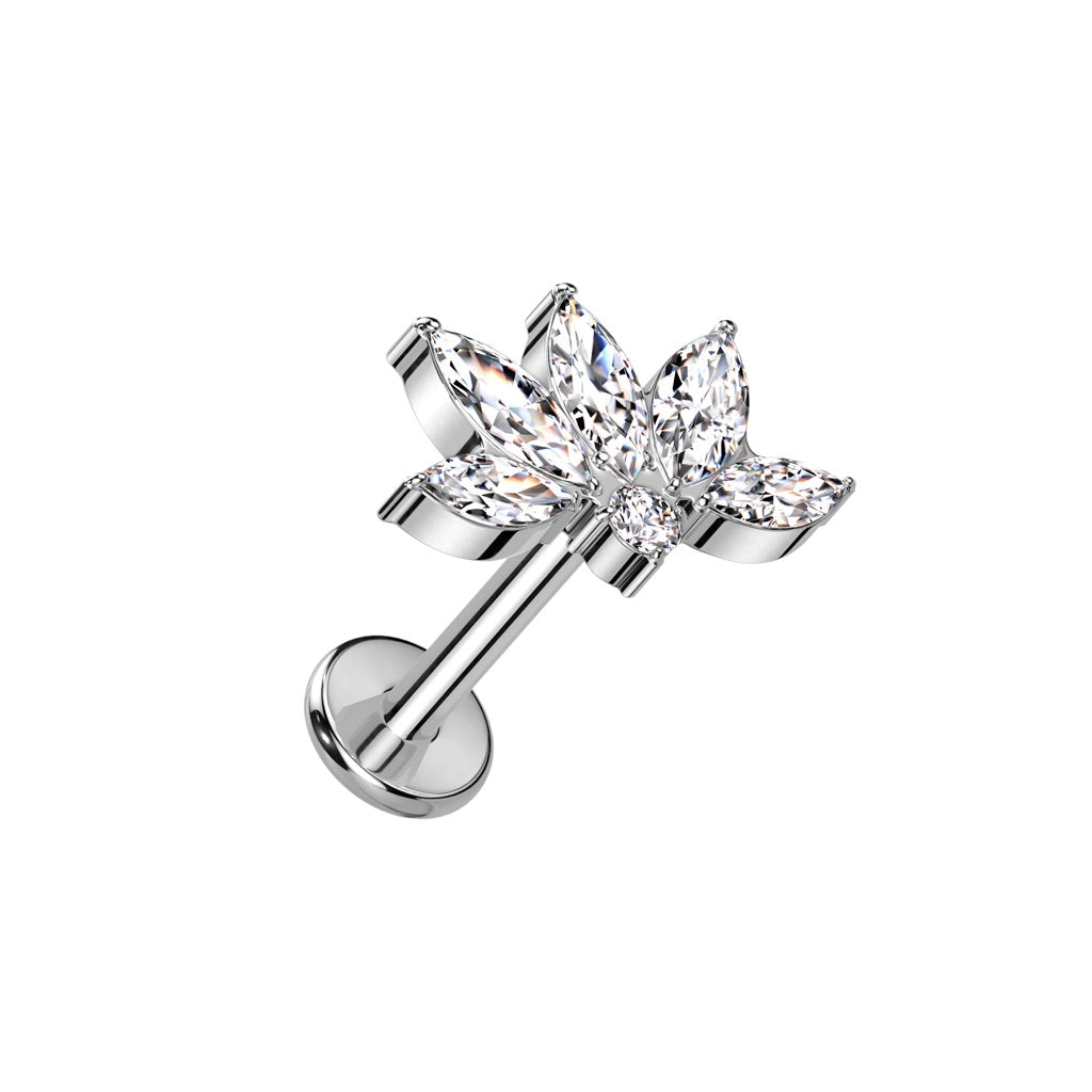 Internally Threaded CZ Crystal Marquise Flower Top Labret Stud - F136 Implant Grade Titanium