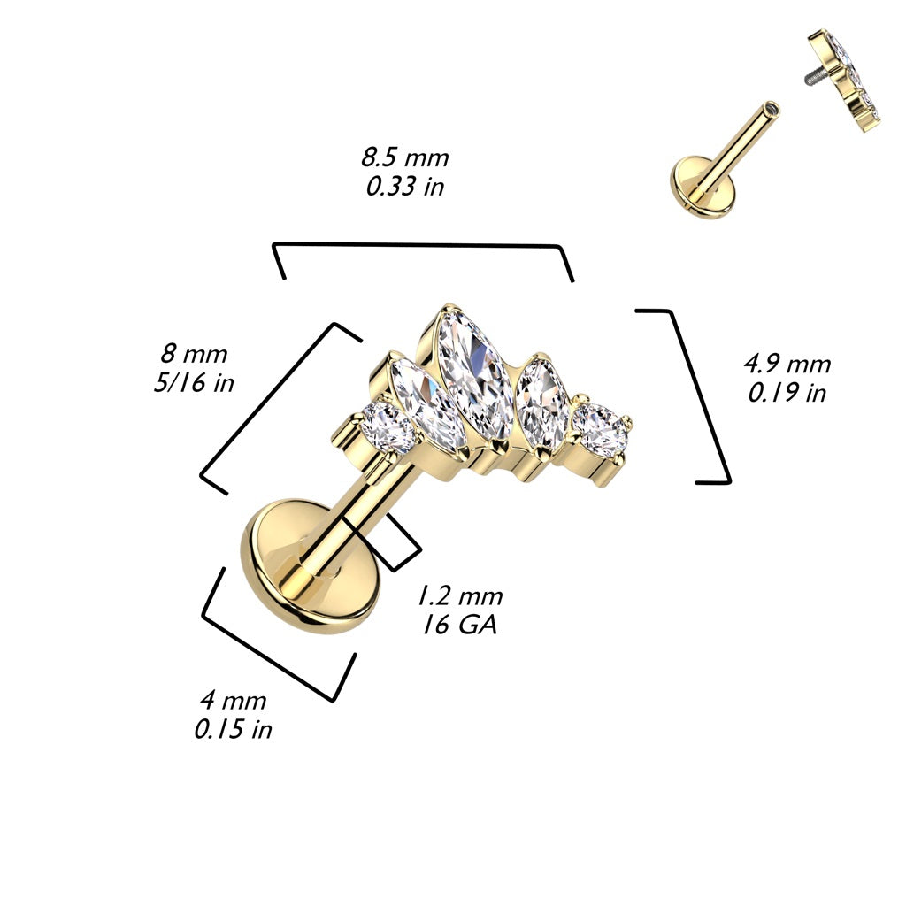 Internally Threaded CZ Crystal Marquise Fan Top Labret Stud - F136 Implant Grade Titanium