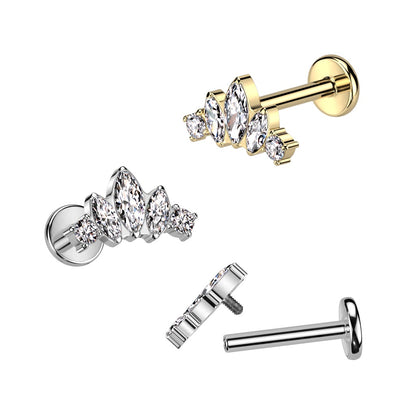 Internally Threaded CZ Crystal Marquise Fan Top Labret Stud - F136 Implant Grade Titanium