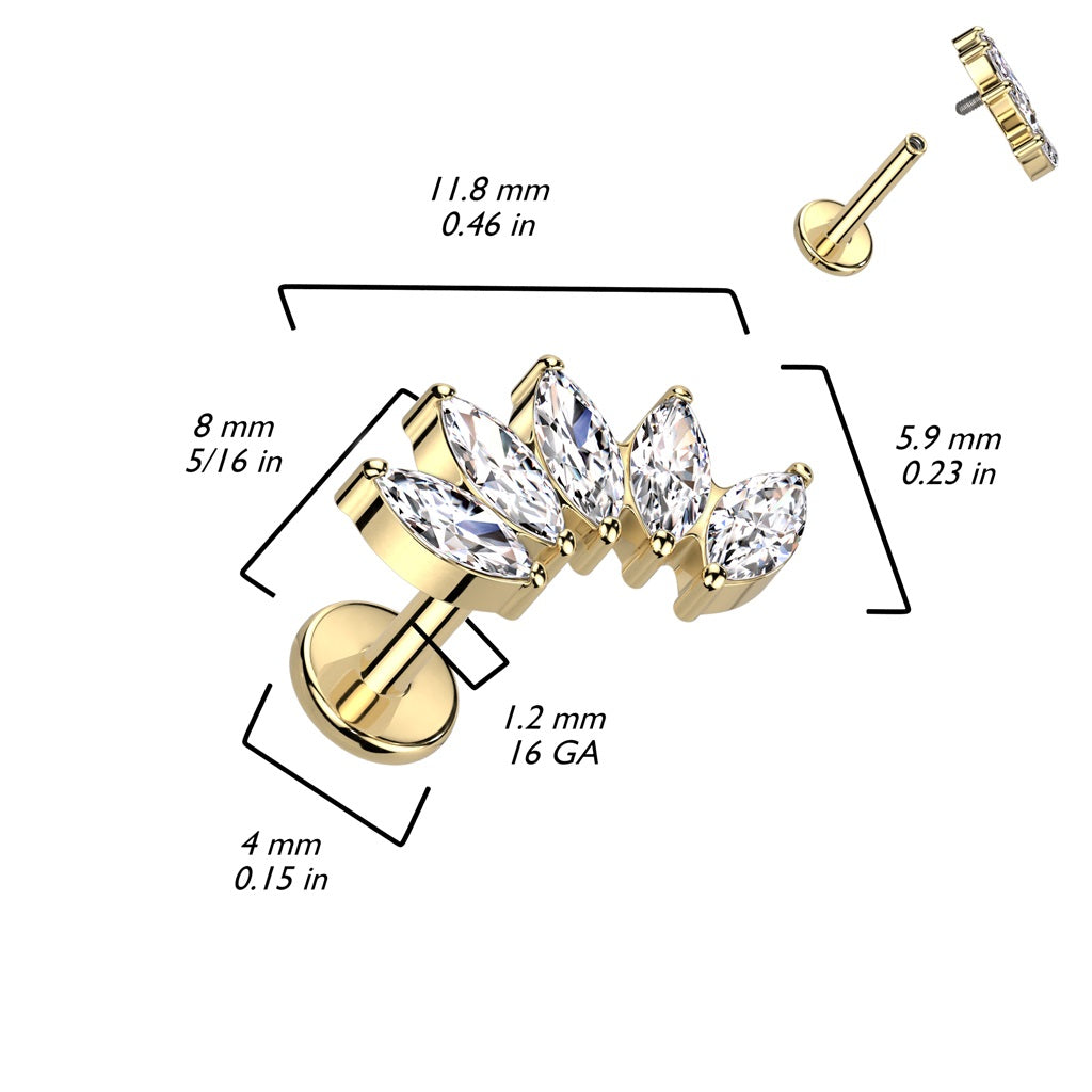 Internally Threaded 5 CZ Crystal Marquise Fan Top Labret Stud - F136 Implant Grade Titanium