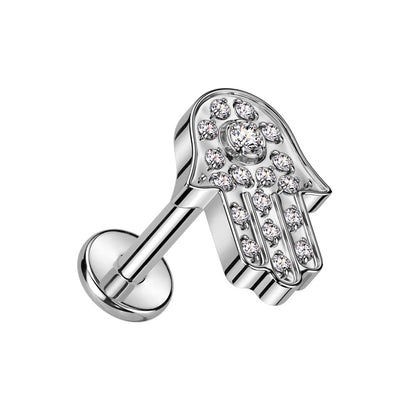 Internally Threaded CZ Crystal Paved Hamsa Top Flat Back Labret Stud - F136 Implant Grade Titanium