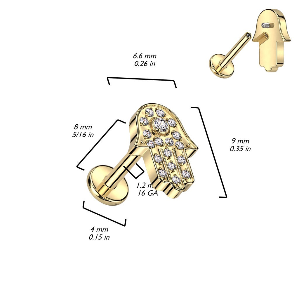 Internally Threaded CZ Crystal Paved Hamsa Top Flat Back Labret Stud - F136 Implant Grade Titanium