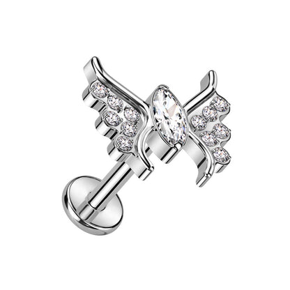 Internally Threaded CZ Crystal Butterfly Top Flat Back Labret Stud - F136 Implant Grade Titanium