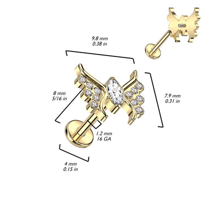 Internally Threaded CZ Crystal Butterfly Top Flat Back Labret Stud - F136 Implant Grade Titanium