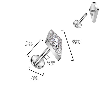 Internally Threaded CZ Crystal Diamond Shaped Top Flat Back Labret Stud - F136 Implant Grade Titanium