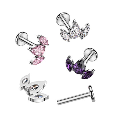 Internally Threaded CZ Crystal Pear Shaped Marquise Top Labret Stud - F136 Implant Grade Titanium