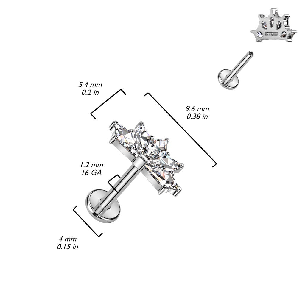 Internally Threaded CZ Crystal Fan Top Flat Back Labret Stud - F136 Implant Grade Titanium