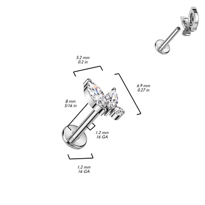 Internally Threaded Crystal Double Marquise and Round CZ Top Labret Stud - F136 Implant Grade Titanium