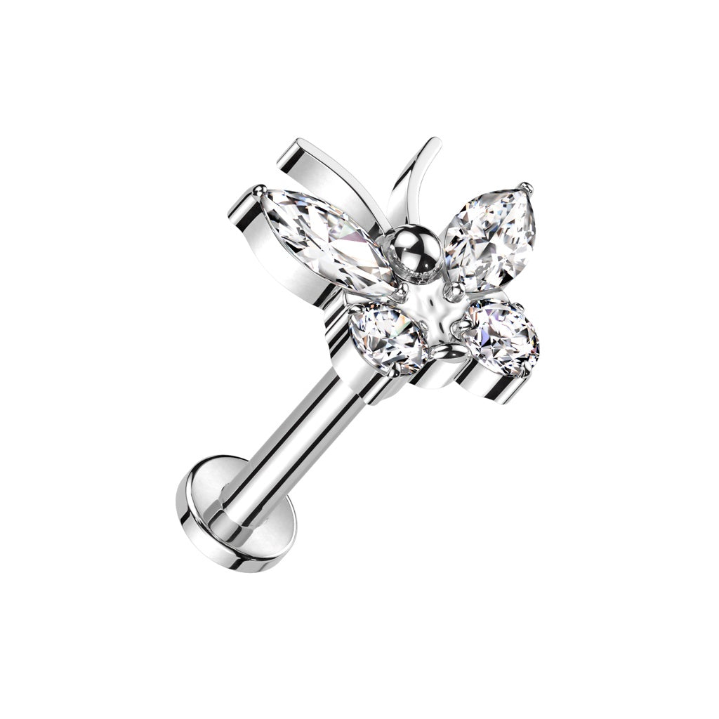 Internally Threaded CZ Crystal Butterfly Flat Back Stud - ASTM F-136 Implant Grade Titanium