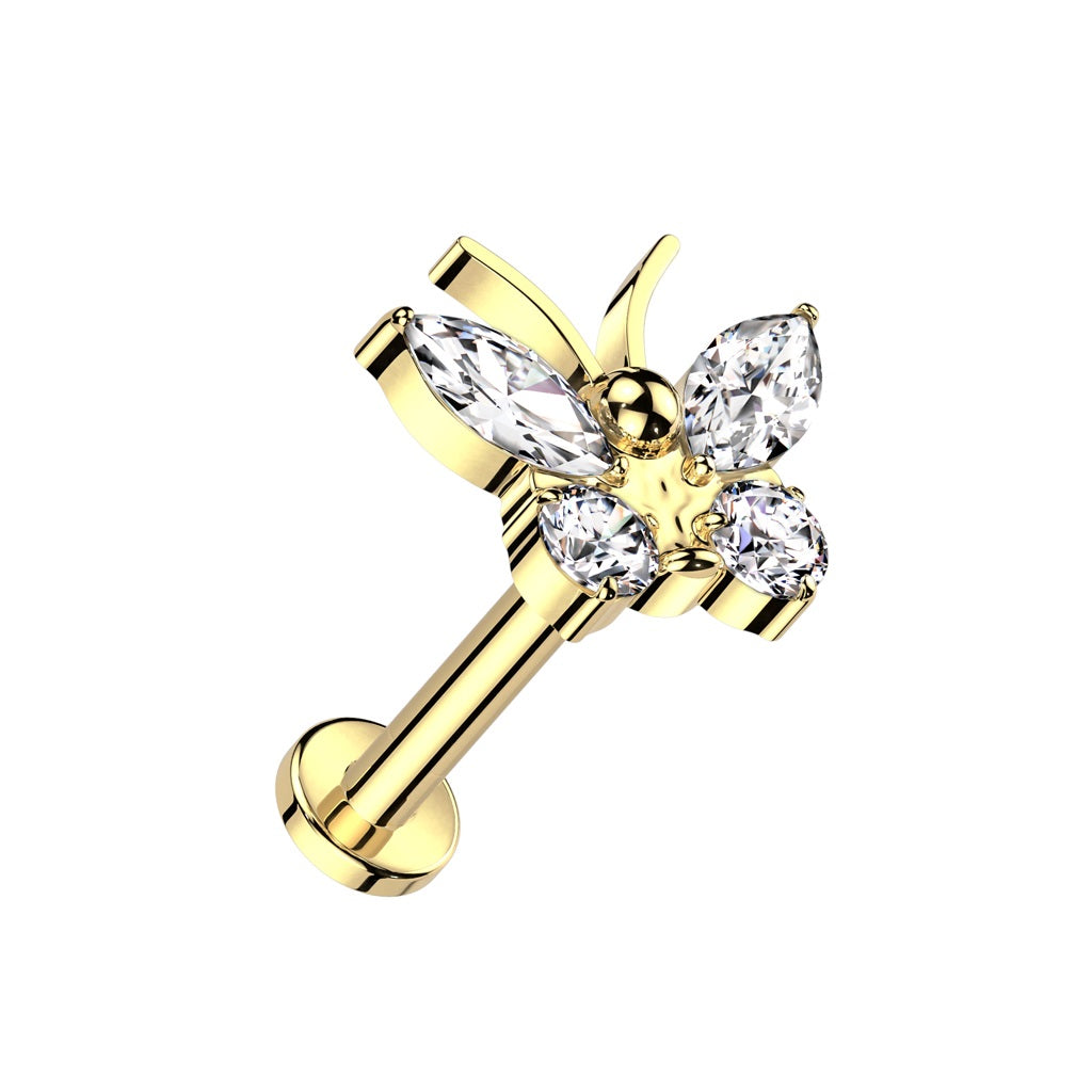 Internally Threaded CZ Crystal Butterfly Flat Back Stud - ASTM F-136 Implant Grade Titanium