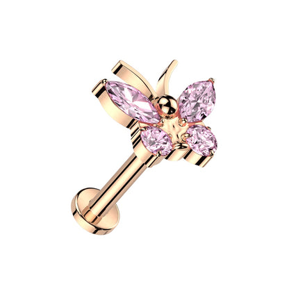 Internally Threaded CZ Crystal Butterfly Flat Back Stud - ASTM F-136 Implant Grade Titanium