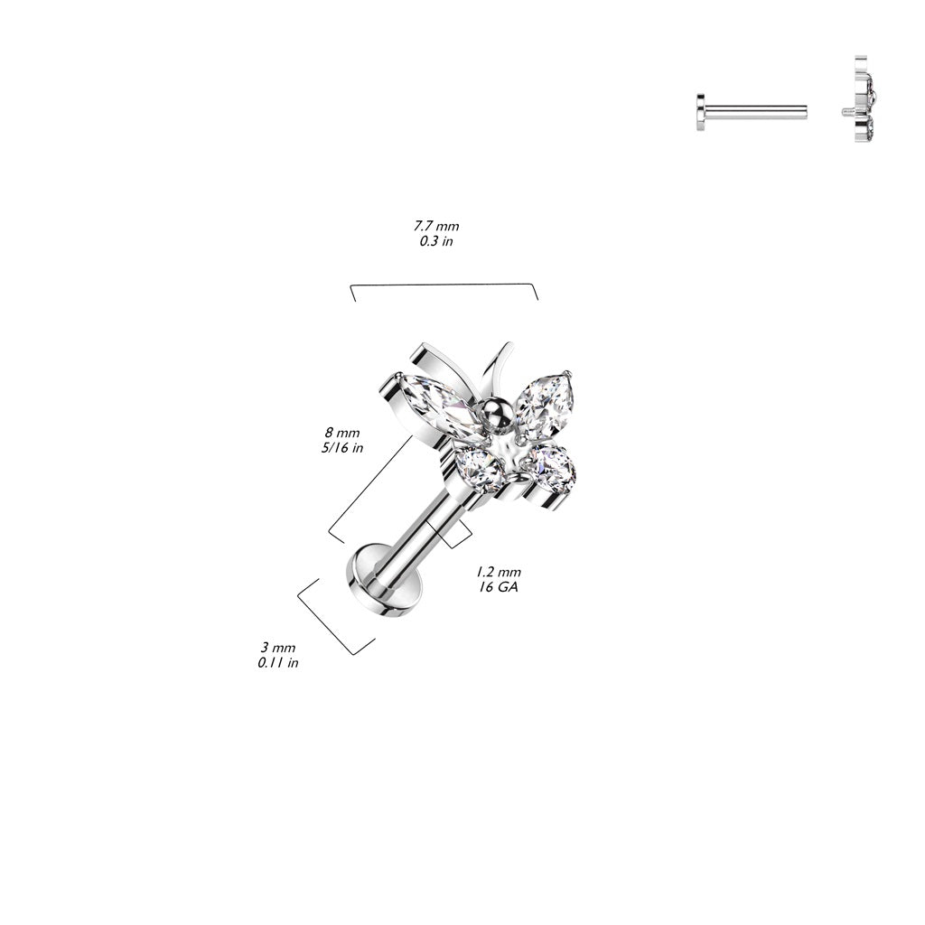 Internally Threaded CZ Crystal Butterfly Flat Back Stud - ASTM F-136 Implant Grade Titanium