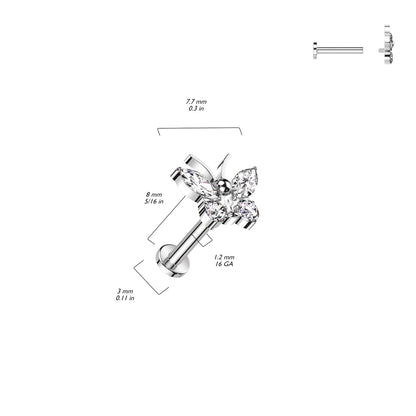 Internally Threaded CZ Crystal Butterfly Flat Back Stud - ASTM F-136 Implant Grade Titanium