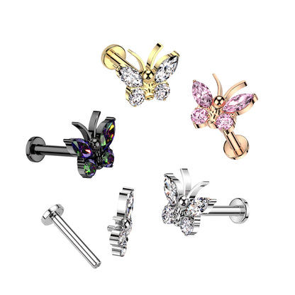 Internally Threaded CZ Crystal Butterfly Flat Back Stud - ASTM F-136 Implant Grade Titanium