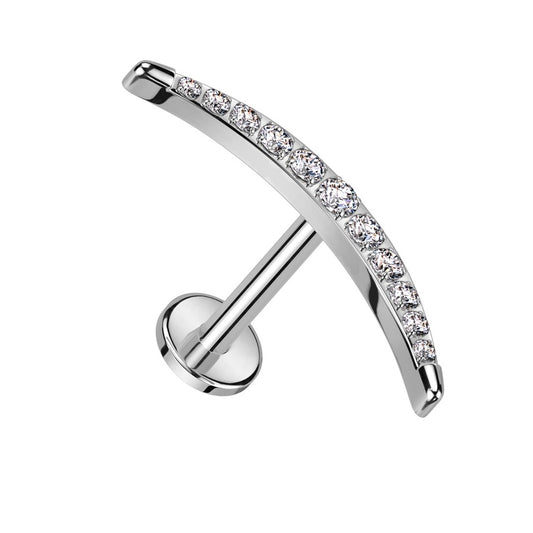 Internally Threaded CZ Crystal Paved Long Crescent Moon Flat Back Stud - ASTM F-136 Implant Grade Titanium