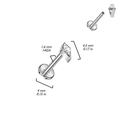 Internally Threaded Diamond Shaped CZ Crystal Flat Back Stud - ASTM F-136 Implant Grade Titanium