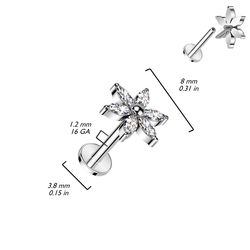 Internally Threaded CZ Crystal Multi Petal Flower Flat Back Stud - ASTM F-136 Implant Grade Titanium