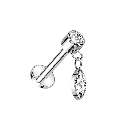 Internally Threaded Dangling CZ Crystal Marquise Flat Back Stud - ASTM F-136 Implant Grade Titanium