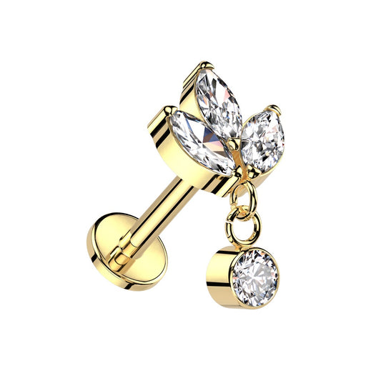 Internally Threaded Triple CZ Crystal Marquise with Dangling Gem Flat Back Stud - ASTM F-136 Implant Grade Titanium