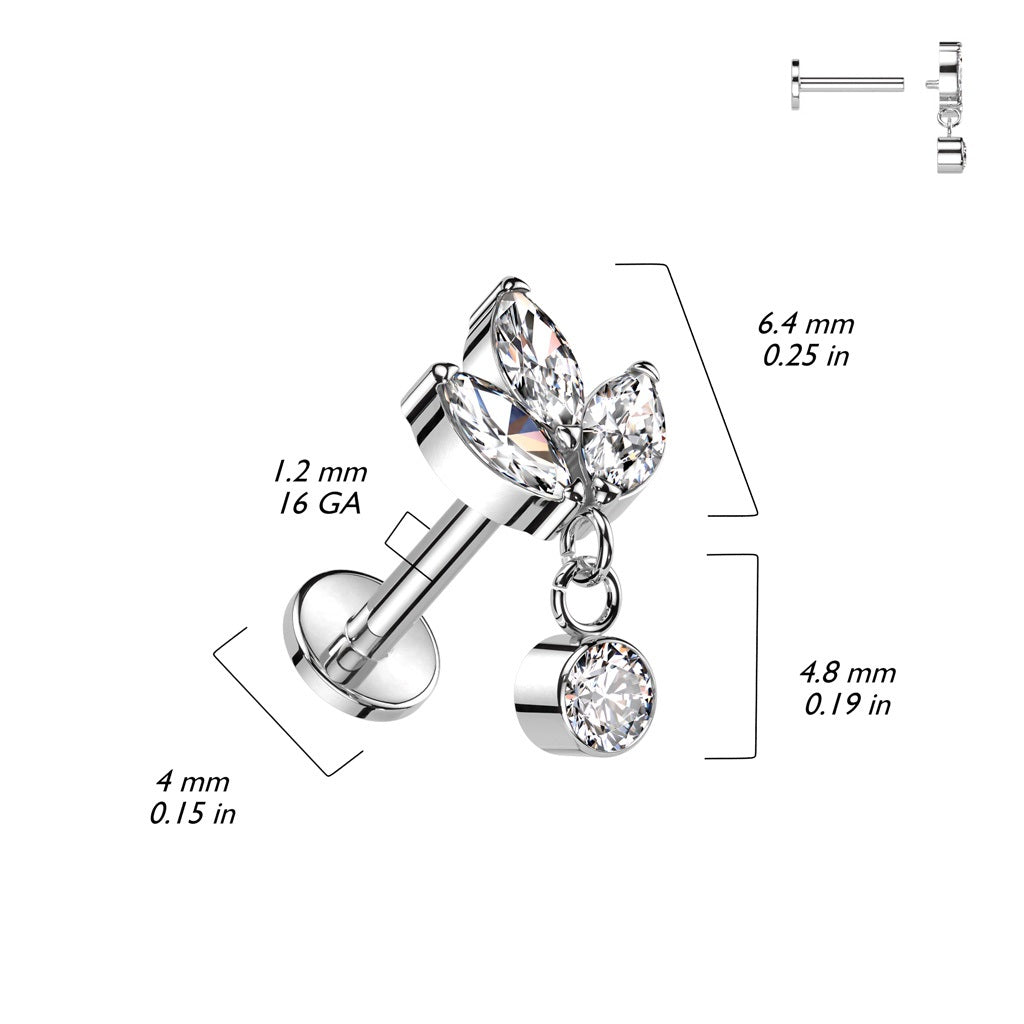 Internally Threaded Triple CZ Crystal Marquise with Dangling Gem Flat Back Stud - ASTM F-136 Implant Grade Titanium