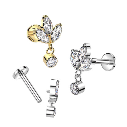 Internally Threaded Triple CZ Crystal Marquise with Dangling Gem Flat Back Stud - ASTM F-136 Implant Grade Titanium