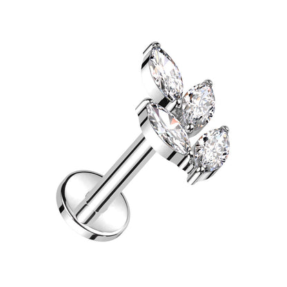 Internally Threaded CZ Crystal Marquise Leaf Flat Back Stud - ASTM F-136 Implant Grade Titanium