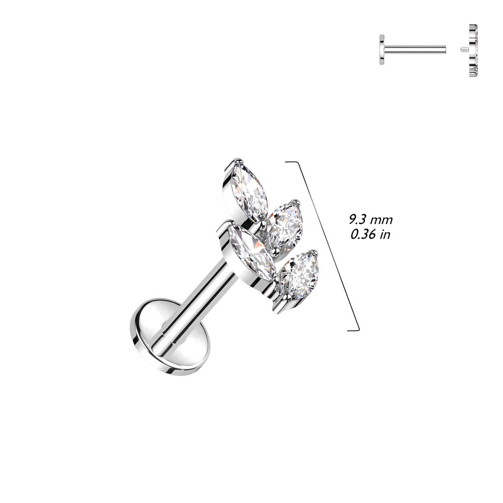 Internally Threaded CZ Crystal Marquise Leaf Flat Back Stud - ASTM F-136 Implant Grade Titanium