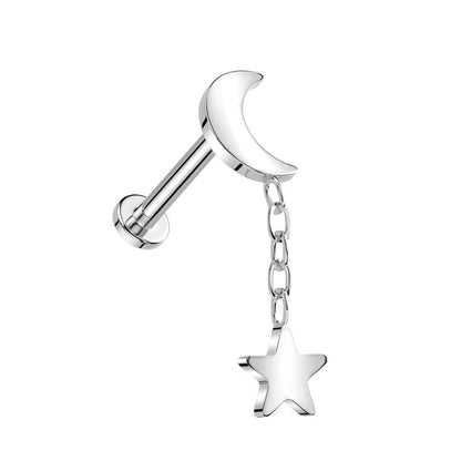 Internally Threaded Crescent Moon with Dangling Star Flat Back Stud - ASTM F-136 Implant Grade Titanium