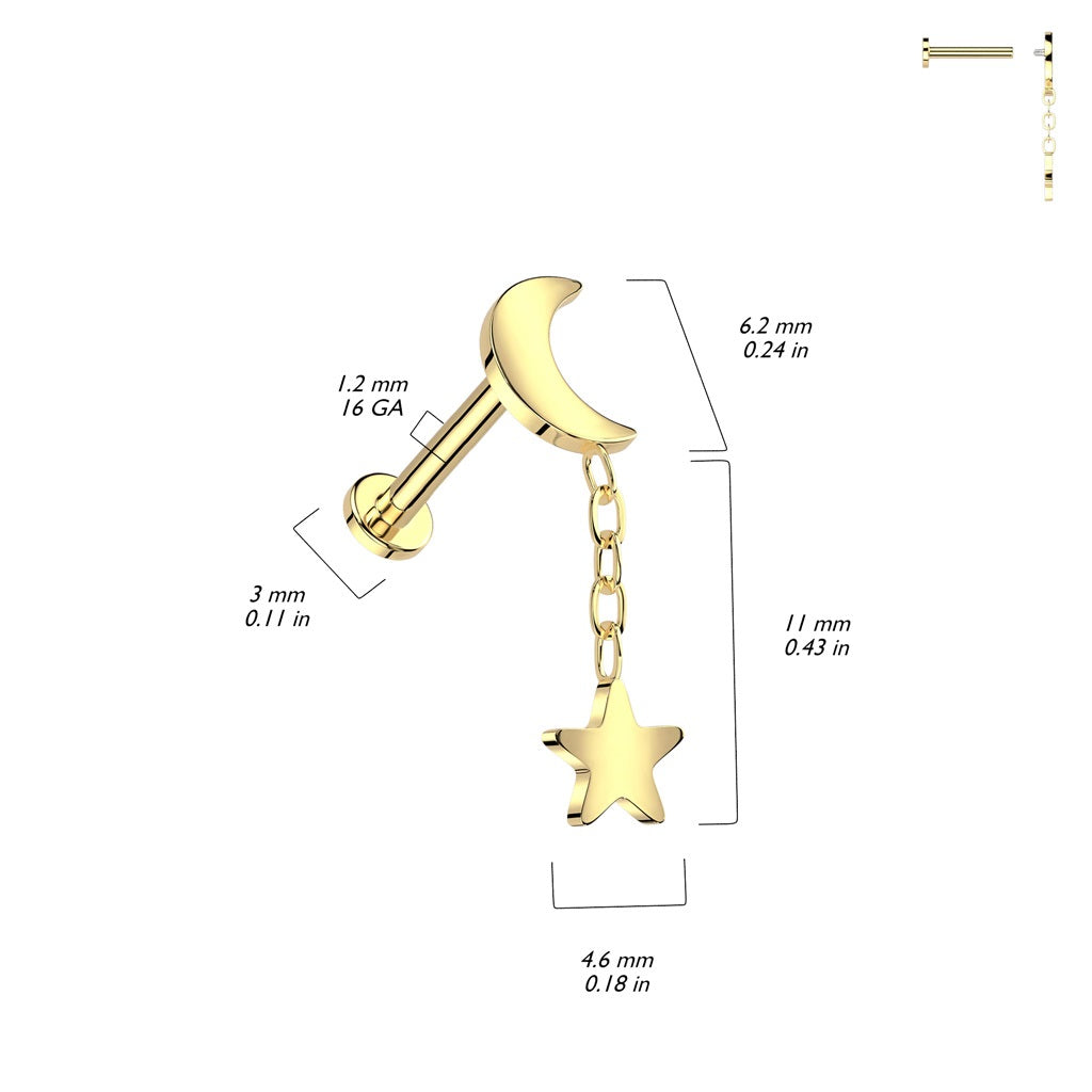 Internally Threaded Crescent Moon with Dangling Star Flat Back Stud - ASTM F-136 Implant Grade Titanium